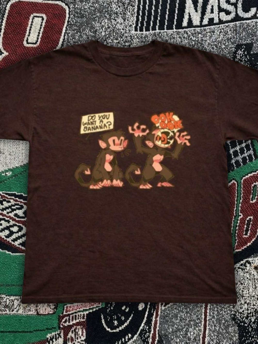 Gildan Brown Tee with Playful Monkey Cartoon Print